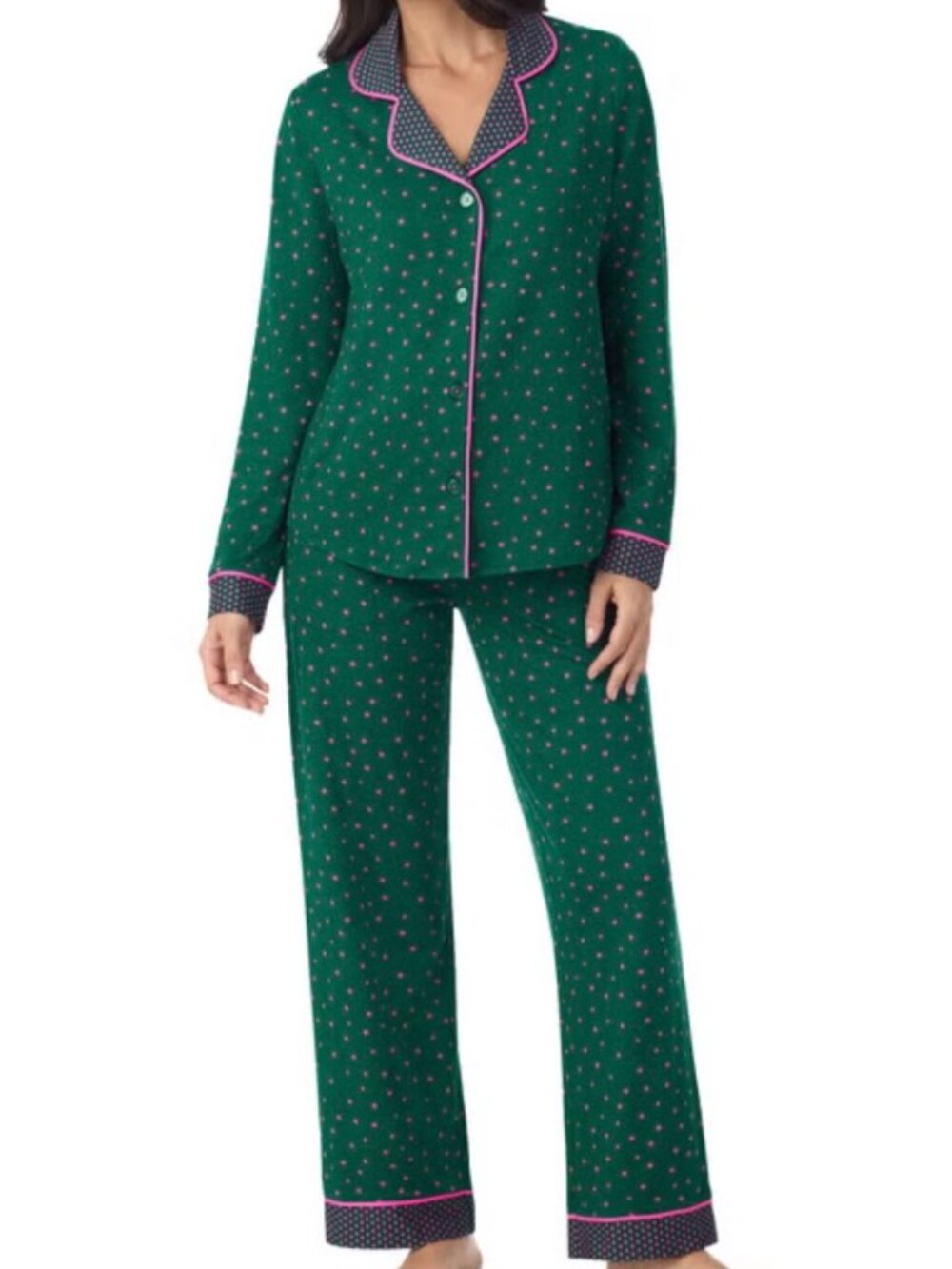 Room Service Women's Notch Collar PJ Set, Green Stars